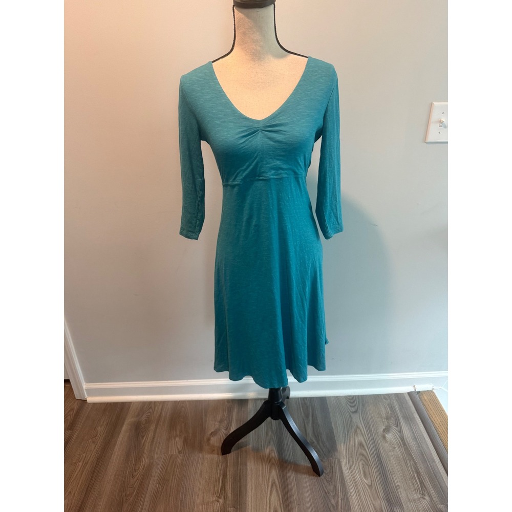 Toad&Co Women XS Teal Blue Organic Cotton Tencel V-Neck 3/4 Sleeve A-Line Dress